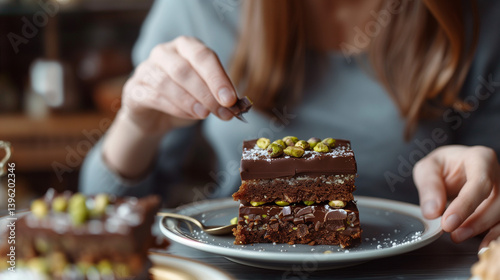 Woman breaking Dubai chocolate bar with pistachio and knafeh at grey table, closeup