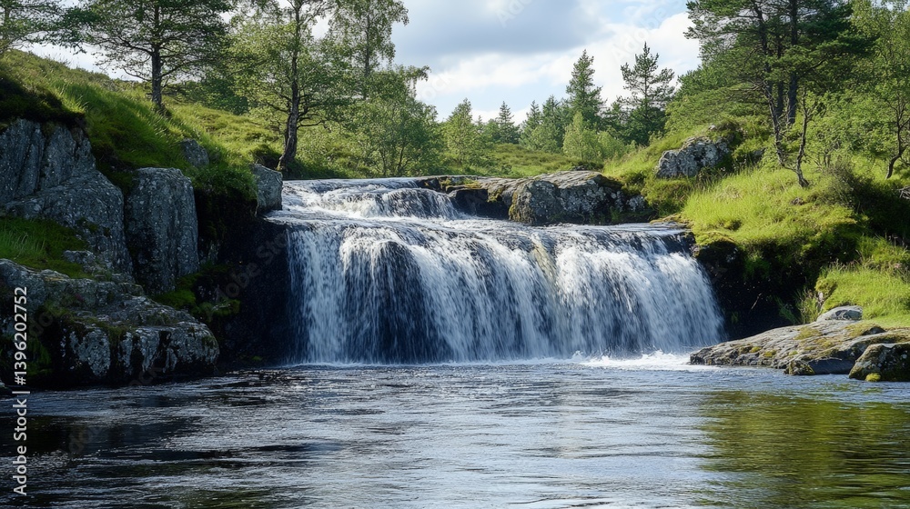 Fototapeta premium Serene forest waterfall cascading over rocks on a sunny day.