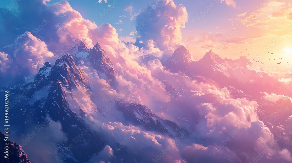 Naklejka premium A breathtaking view of mountain peaks piercing through a sea of fluffy pink and purple clouds
