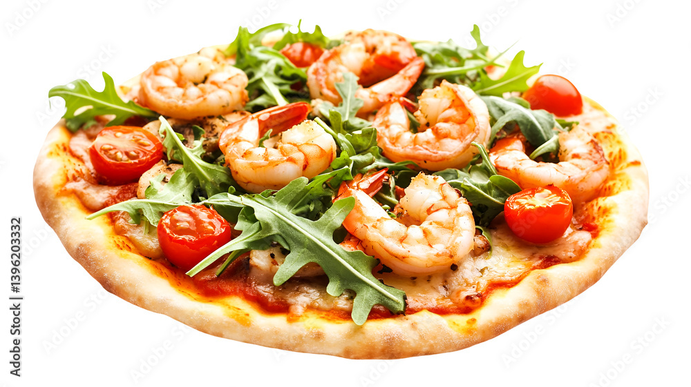 Delicious Shrimp Pizza Arugula Tomatoes Appetizing Food Delicious Shrimp Pizza Arugula Tomatoes Appetizing Food