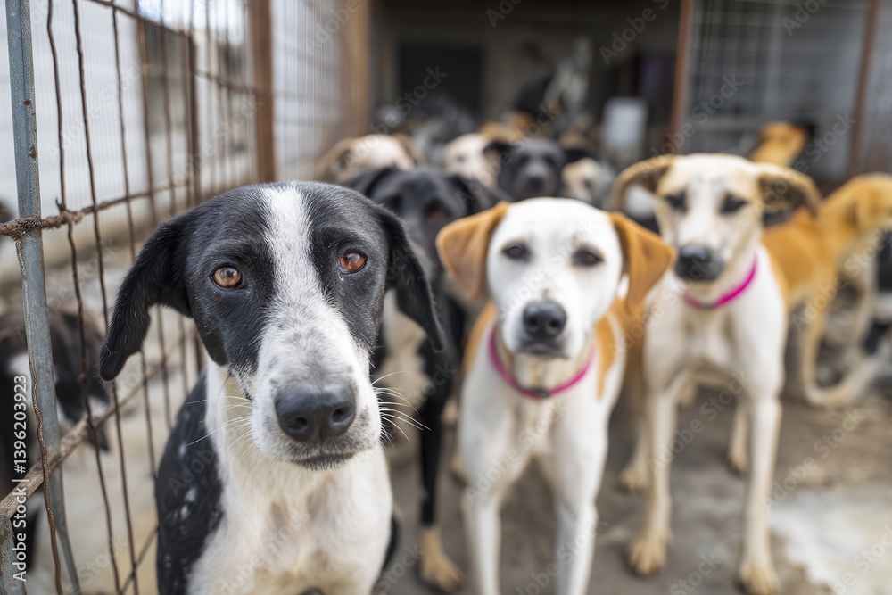 Group of curious dogs in an animal shelter. Group of curious dogs in an animal shelter.