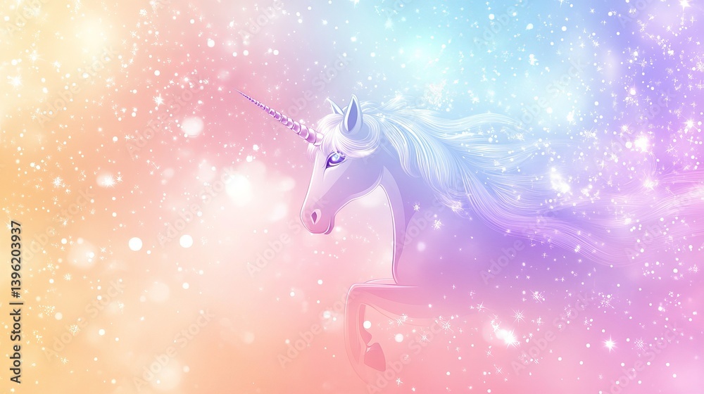 Fototapeta premium Beautiful unicorn illustration in pastel colors with magical sparkles and fantasy background design art