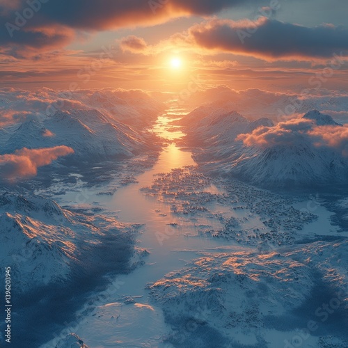 Aerial View of Scandinavia at Sunrise, Photorealistic Earth Landscape
