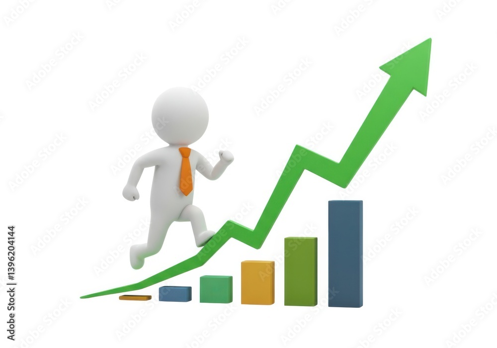 Growth chart with figure climbing for business success goal isolated on white background Growth chart with figure climbing for business success goal isolated on white background