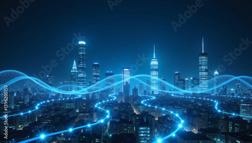 Smart City & Big Data Connection Technology Concept, Futuristic Digital Blue Wavy Wires, Antennas, Night Megapolis Skyline, Double Exposure, Urban Innovation, IoT, 5G Network
