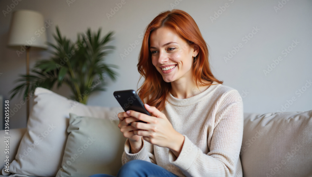 Happy Redhead Woman Using Smartphone on Couch at Home, Social Media Browsing, Relaxing Lifestyle, Independent Caucasian Female, Modern Tech User, Cozy Interior Happy Redhead Woman Using Smartphone on Couch at Home, Social Media Browsing, Relaxing Lifestyle, Independent Caucasian Female, Modern Tech User, Cozy Interior