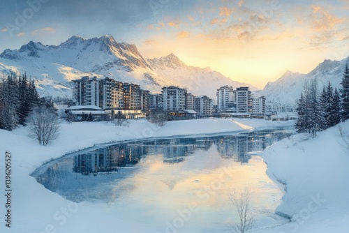 Serene Winter Landscape with Modern Architecture and Snow-Covered Mountains in Twilight
