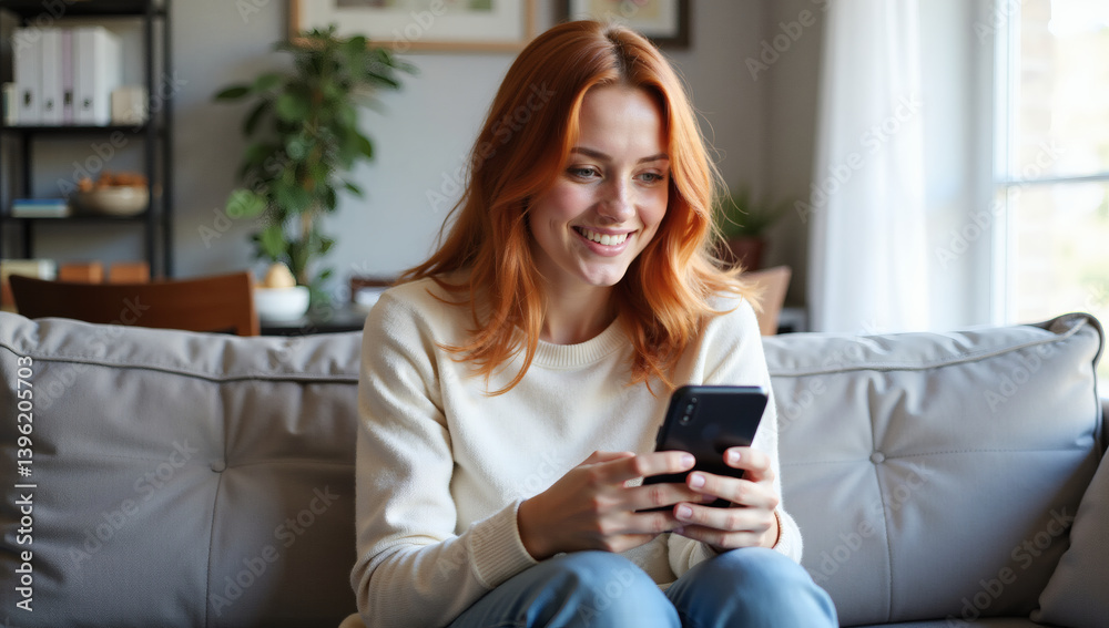 Happy Independent Redhead Woman Using Smartphone on Couch at Home, Social Media Browsing, Relaxing Lifestyle, Modern Technology, Casual Comfort, Copy Space Happy Independent Redhead Woman Using Smartphone on Couch at Home, Social Media Browsing, Relaxing Lifestyle, Modern Technology, Casual Comfort, Copy Space