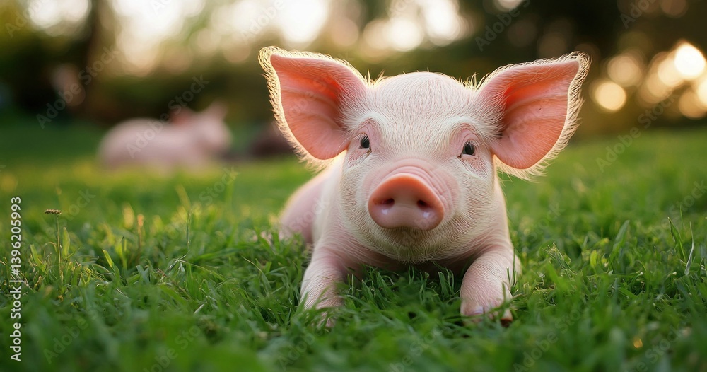 custom made wallpaper toronto digitalcute baby piglet lying in grass during golden hour warm light nature friendship love of nature animal health vegan vegetarian