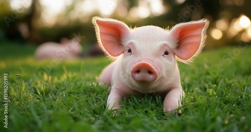 Wallpaper Mural cute baby piglet lying in grass during golden hour warm light nature friendship love of nature animal health vegan vegetarian Torontodigital.ca
