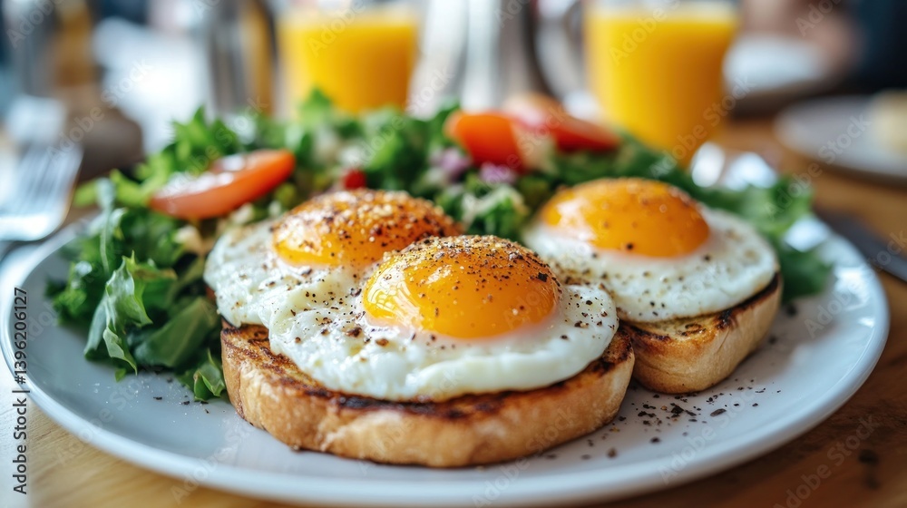 Breakfast of fried eggs, toast, and salad Breakfast of fried eggs, toast, and salad