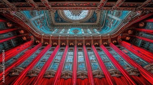 Ornate interior architecture with red drapes