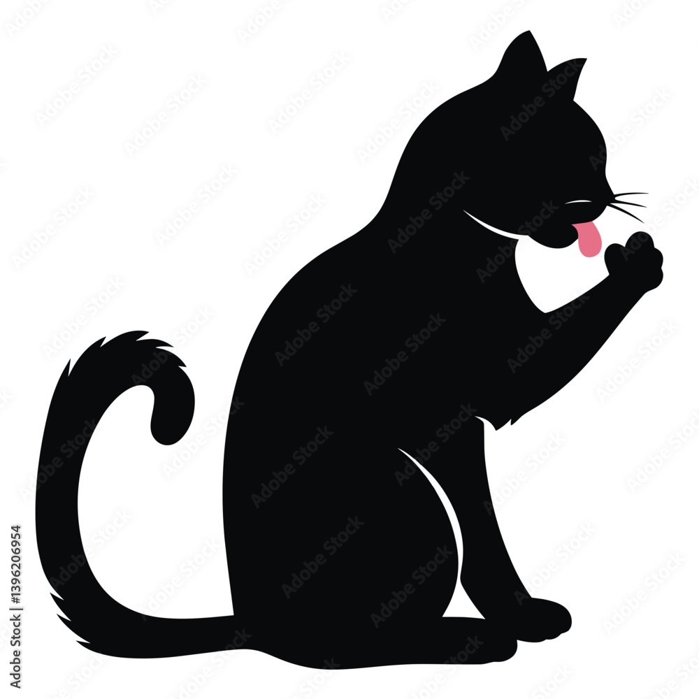 Black cat silhouette icon licking paw on white background