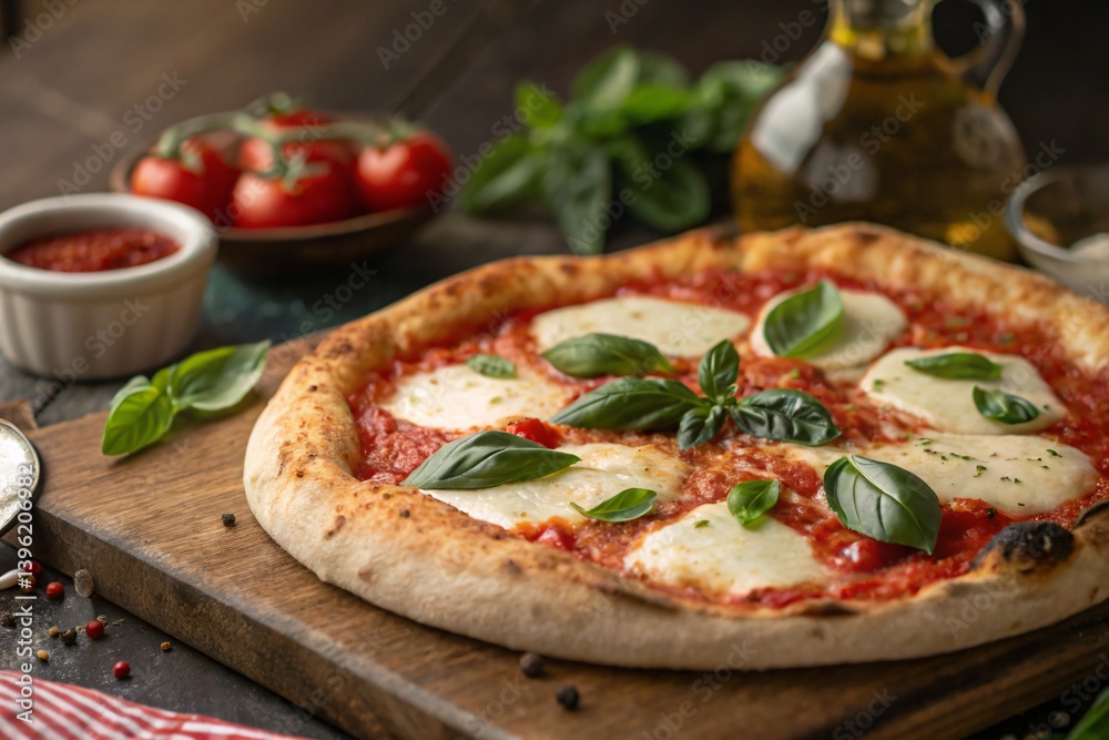 Delicious Margherita pizza with fresh basil mozzarella and tomato sauce on a rustic wooden board Delicious Margherita pizza with fresh basil mozzarella and tomato sauce on a rustic wooden board