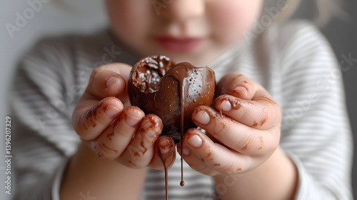 Small child with chocolate-covered hands holding a cracked Easter egg, dripping chocolate, focus on sweet mess and childhood joy during the holiday.

