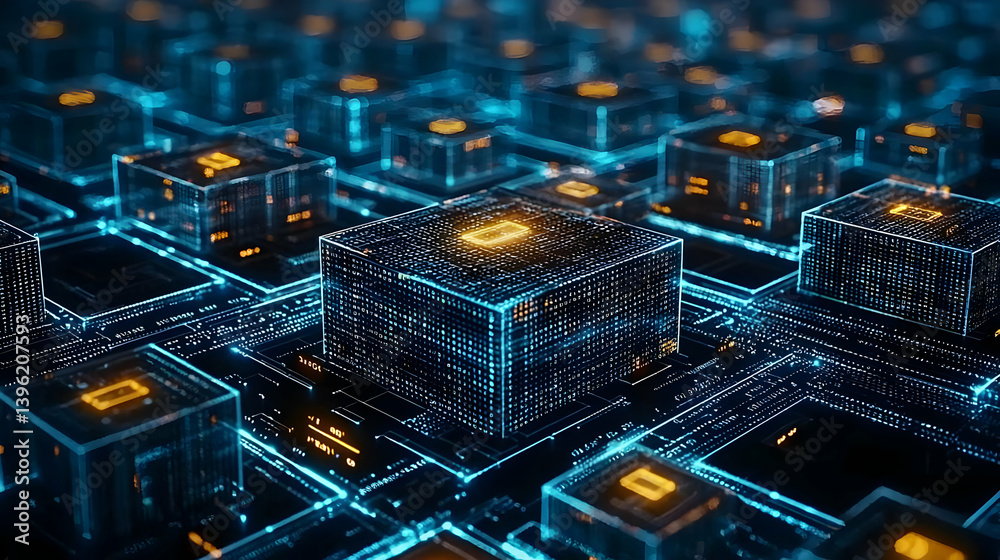 Abstract Digital Network Of Glowing Cubes