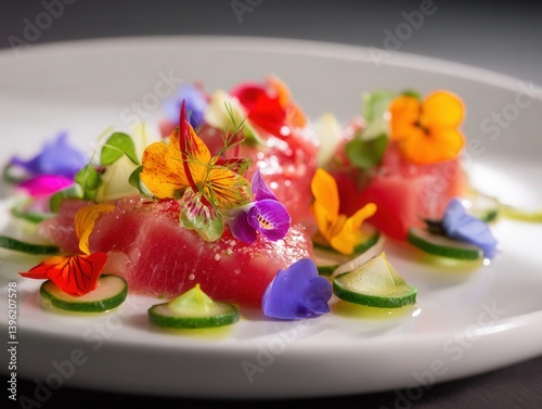 Tuna slices adorned with vi...