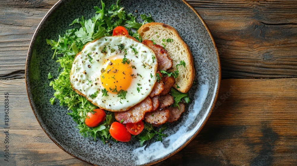 Breakfast plate with fried egg, bacon, toast, and salad Breakfast plate with fried egg, bacon, toast, and salad
