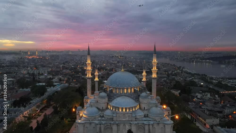 Suleymaniye Mosque (Suleymaniye Camii) in the Sunset Time Drone Video, Suleymaniye Fatih, Istanbul Turkiye (Turkey)