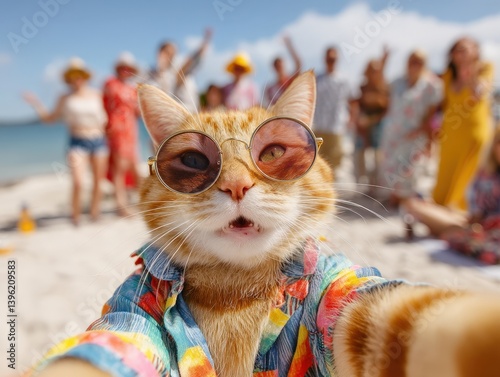 Orange cat in sunglasses takes a selfie on a beach with people in the background, wearing a colorful shirt, with a playful expression, surrounded by a sunny, cheerful atmosphere
