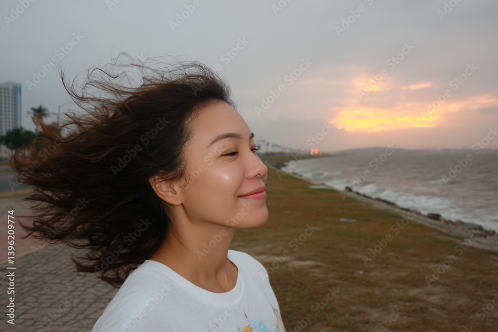 Side portrait of smiling young Vietnamese woman with long dark hair blowing in the wind, standing near the ocean at sunset, peaceful expression for travel, wellness, and lifestyle themes