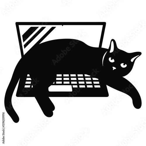 Black cat silhouette icon lying on laptop on white background