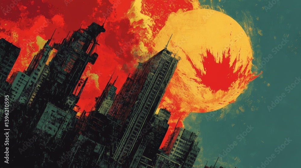 Obraz premium Surreal urban landscape with erupting sun over skyscrapers.
