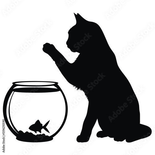 Black cat silhouette icon playing with fishbowl on white background