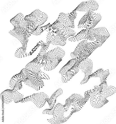 Complex dotted figure with protruding edges and curved outlines forming an irregular flow-driven shape with layered texture.