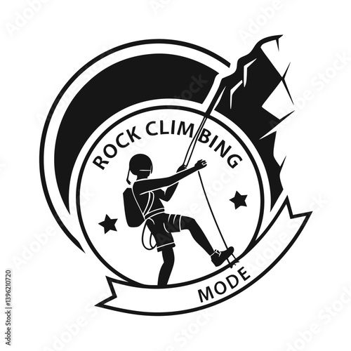 Mountain Climbing Logo – Bold Monochrome Adventure Emblem with Rock Climber Silhouette for Outdoor Gear, Expedition Branding & Extreme Sports Identity.