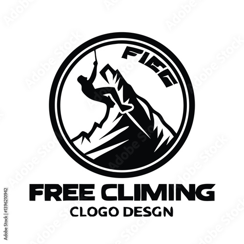 Mountain Climbing Logo – Bold Monochrome Adventure Emblem with Rock Climber Silhouette for Outdoor Gear, Expedition Branding & Extreme Sports Identity.
