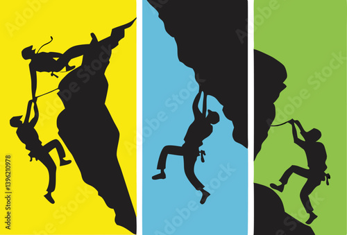 Mountain Climber Logo and Silhouette Rappelling Vector – Extreme Adventure Sports Emblem, Rock Climbing Badge Design, Outdoor Expedition Icon Set