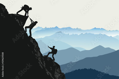 Silhouette of Man Rock Climbing on Cliff Wall – Extreme Sports Adventure, Rappelling Action Scene, Outdoor Mountain Challenge Icon.