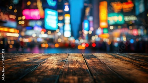 Empty wooden table top with blurred city lights and neon signs in the background, ideal for product display, advertising, or branding. Night street bokeh effect in New York City.