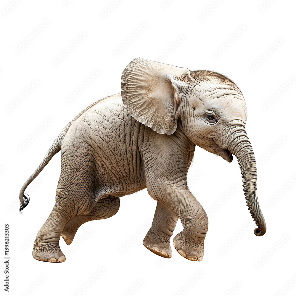This image shows a charming and young elephant calf walking gracefully with a curious and detailed look. This image shows a charming and young elephant calf walking gracefully with a curious and detailed look.