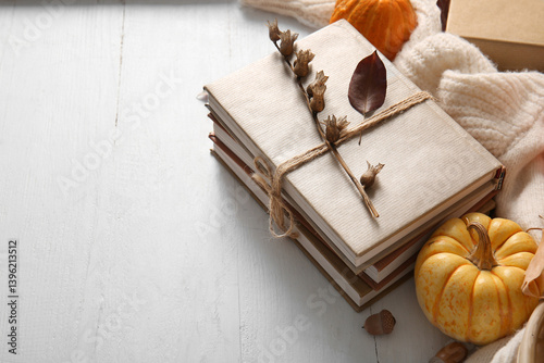 Stack of books, pumpkins an...