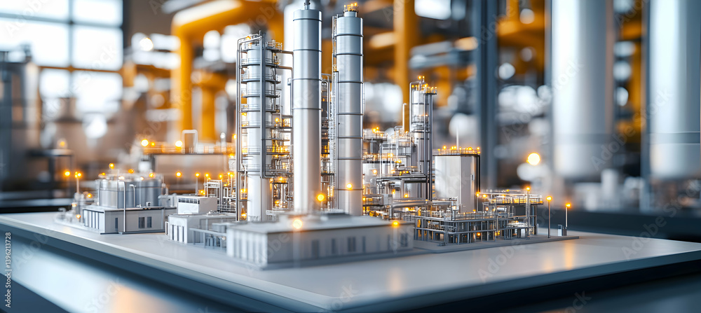 A conceptual oil refining facility model with advanced automation, displayed in a research lab A conceptual oil refining facility model with advanced automation, displayed in a research lab