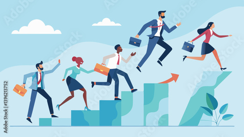 Illustration of diverse business team running up steps towards success and career growth in light blue tones