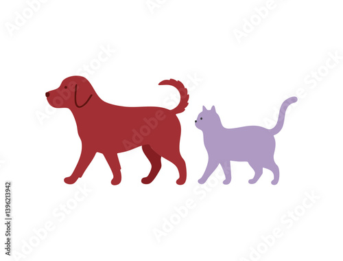 Red Dog and Purple Cat Walking Together Vector