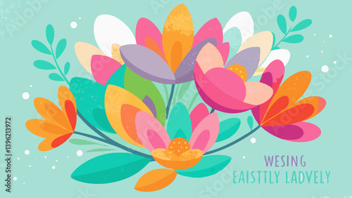 Colorful floral arrangement with pastel background and abstract text overlay design view