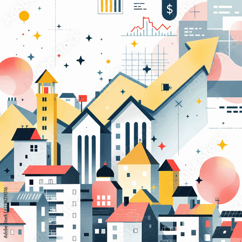 Stylized cityscape with rising arrow and financial charts illustration