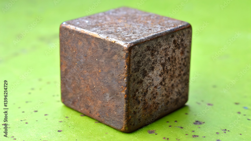metallic rusted cube with gritty texture sits on vibrant green surface, showcasing its weathered appearance and unique character metallic rusted cube with gritty texture sits on vibrant green surface, showcasing its weathered appearance and unique character