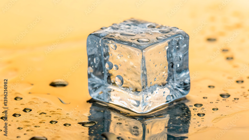 Obraz premium transparent ice cube floating in center, surrounded by droplets, creates refreshing and cool atmosphere