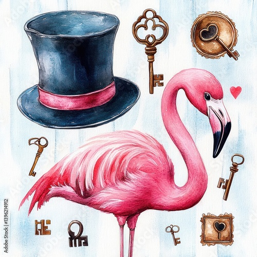 Whimsical Watercolor Collection Flamingo Top Hat Magical Keys Cupcake Playing Cards Clock