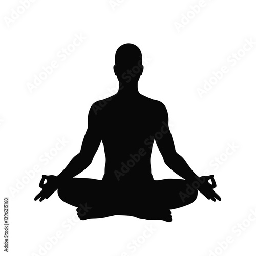 Silhouette Of Man In Lotus Position Meditating Isolated On White Background