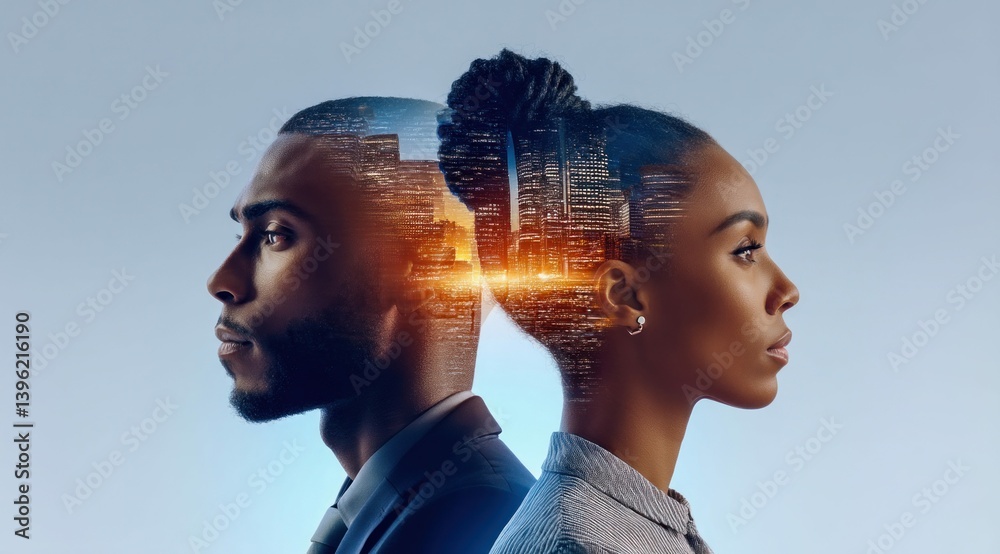 A mesmerizing artistic overlay of a man and woman's profiles with a vibrant cityscape.