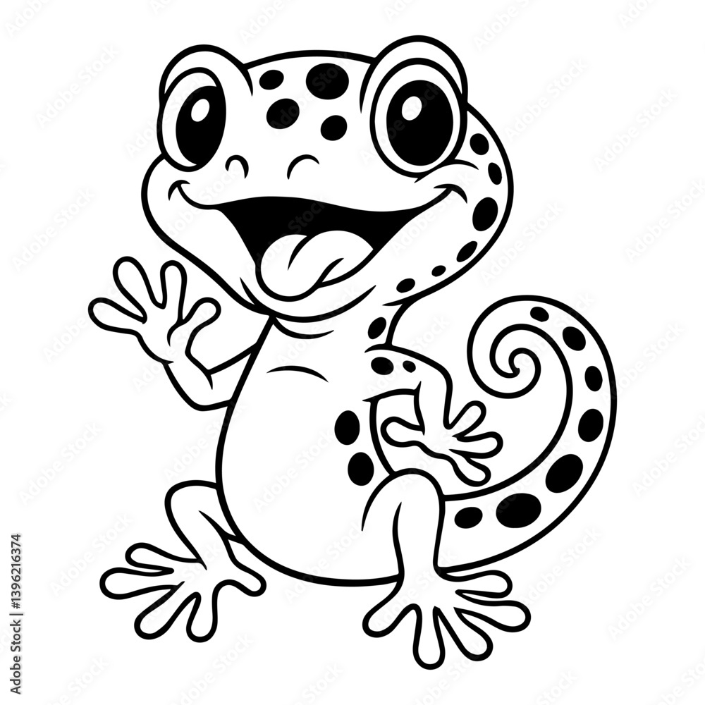 Fototapeta premium Cute cartoon gecko lizard illustration. Black and white reptile design 