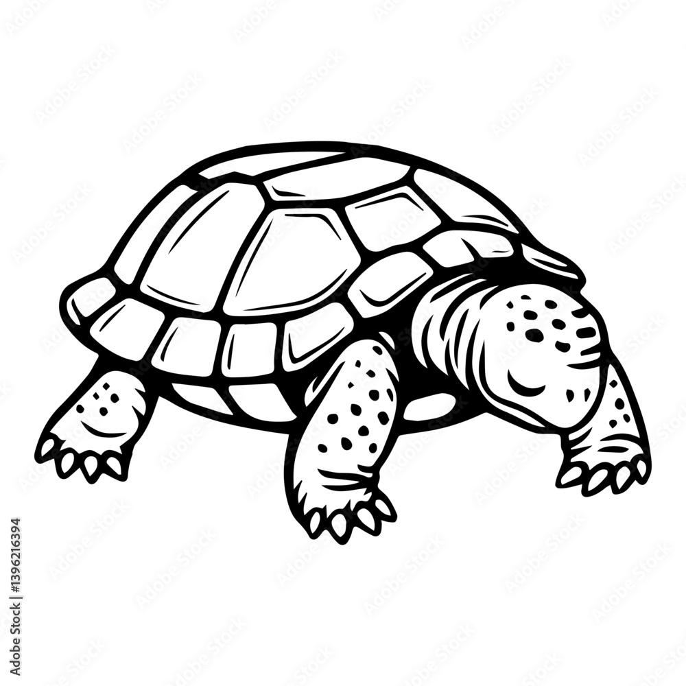 Fototapeta premium Peaceful tortoise in minimal black and white vector style, cute slow animal with calm face, hand-drawn outline for laser cut or wall art