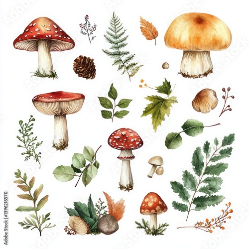 Watercolor Woodland Elements Leaves Mushrooms Fern Acorns Pinecones Tree Stump Branches Autumn Forest Illustration