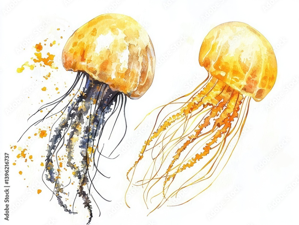 Fototapeta premium Watercolor illustration of two jellyfish, with a light yellow bell and dark-colored tentacles. Splashes of color around jellyfish